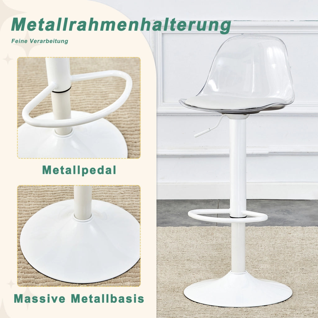 Set da 2 sedie a trave regolabili: schienale trasparente + gambe in metallo bianco, altezza regolabile da 82 a 104 cm, rotazione a 360¡ã.