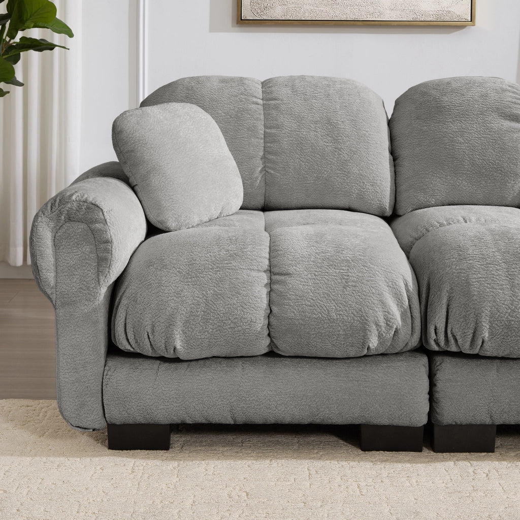 Divano panoramico a U 3 posti con pouf mobile e 2 cuscini, Chenille, Grigio chiaro