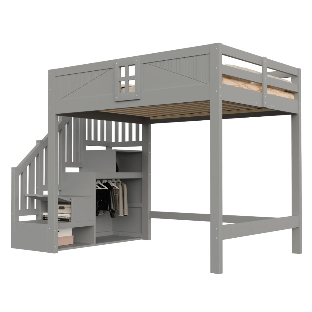 Letto a soppalco 140x200 cm con parapetto a finestra e scala contenitore reversibile; legno massello grigio