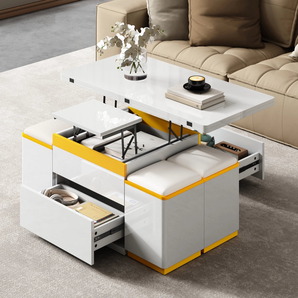 Tavolino da salotto alzabile con piano apribile, 1 cassetto, vani aperti e 4 sgabelli, bianco, 100 × 50 × 43 cm
