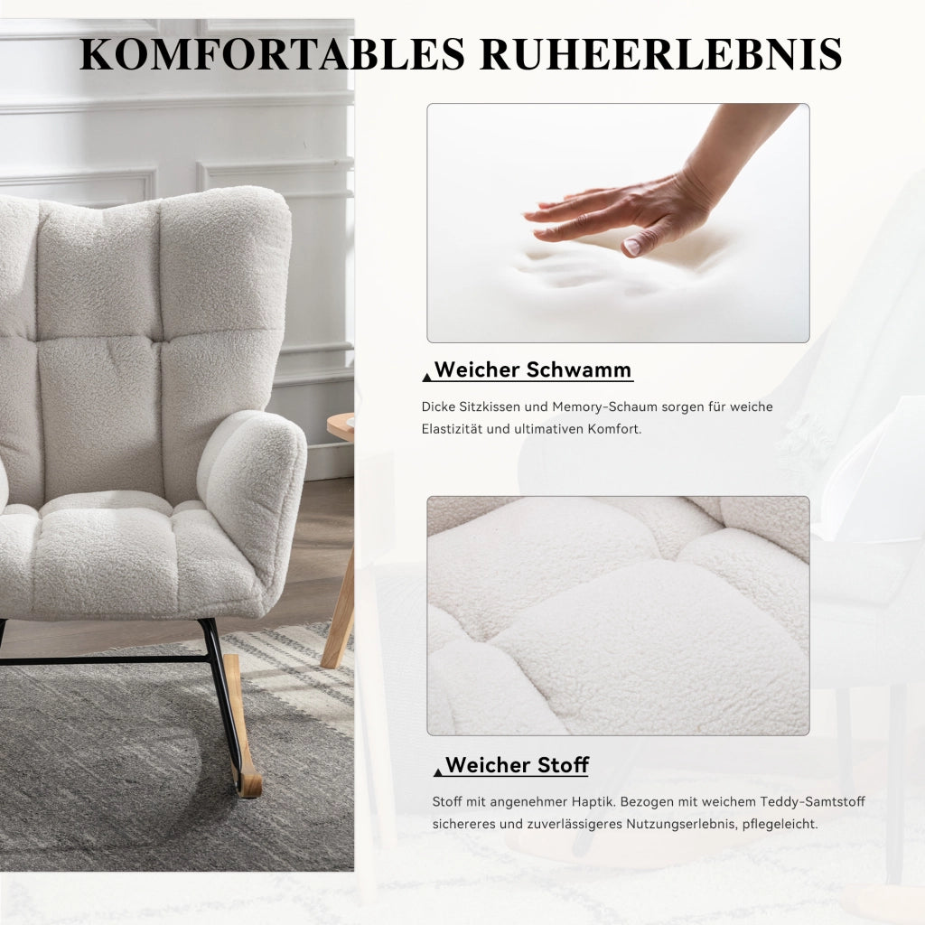 OKWISH Sedia a Dondolo con Schienale Alto Ergonomico e Braccioli Imbottiti, Struttura in Metallo e Legno, Teddy Bianco