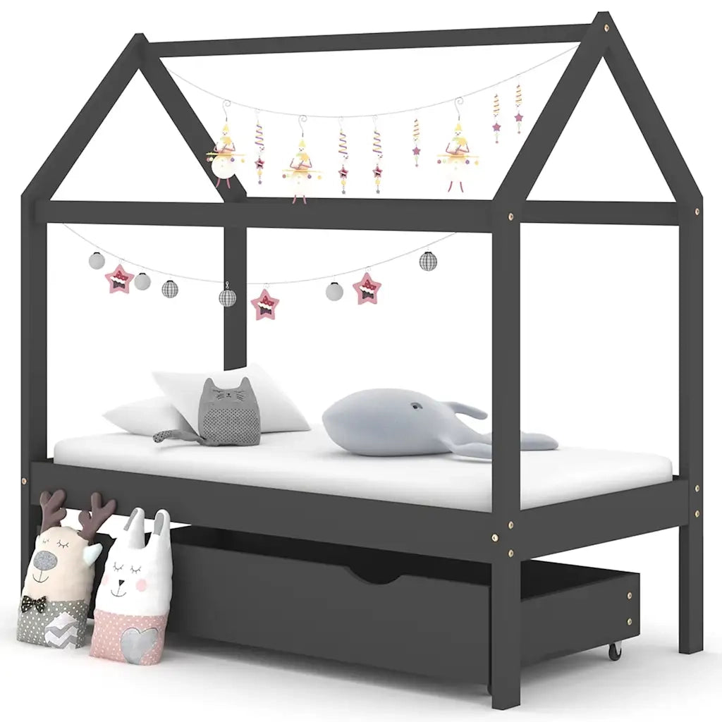 Giroletto Bambini Cassetto-Struttura Letto Bambini Grigio Scuro Pino Massello 70x140 cm