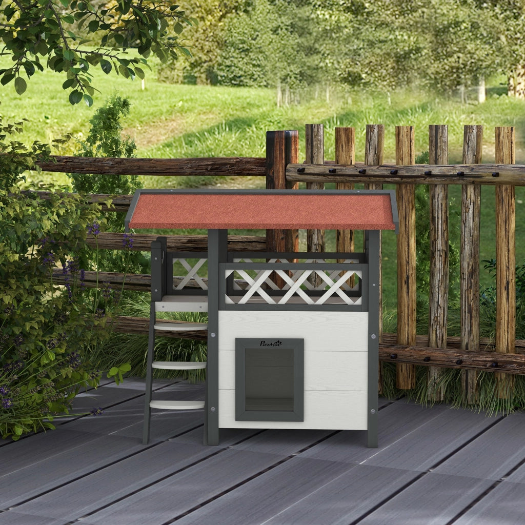 Casetta per Gatti 2 Livelli con Scala e Balcone ¨C Zephmum ¨C Bianco 77x50x73 cm