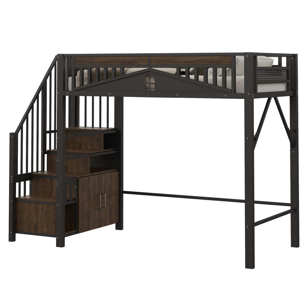 Letto a soppalco in metallo con scala contenitore; protezione a finestra e spazio sotto il letto; nero; 90x200 cm; senza materasso