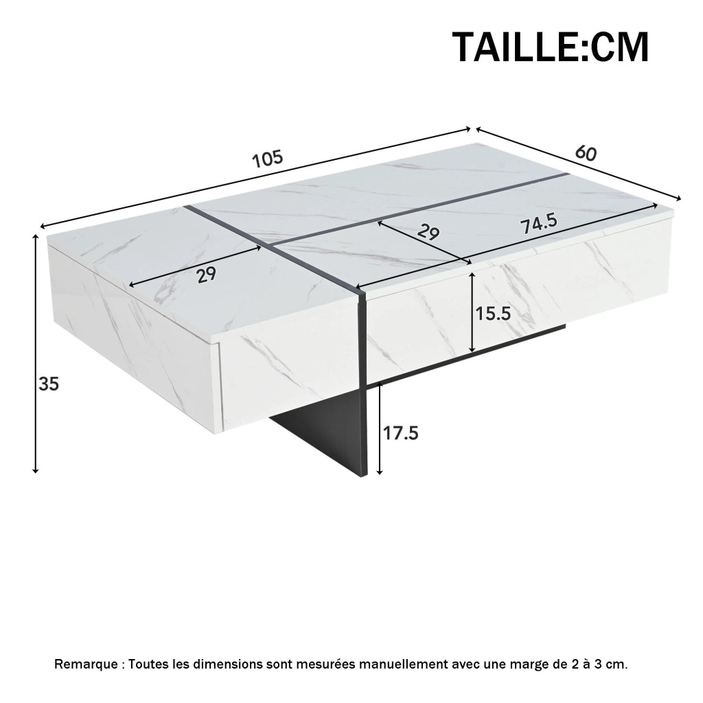 OKWISH Tavolino da Salotto Moderno con 3 Cassetti e LED tramite App, 105 x 60 x 35 cm, Pannelli di Truciolare, Bianco