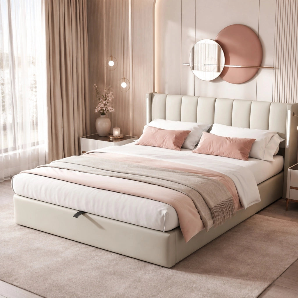 LETTO 140x190 cm in PU Grigio con LED, USB e rete a doghe