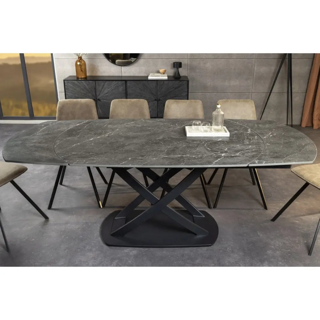 Table ATONIA – Ovale extensible 130 à 190 cm – Plateau en céramique effet marbre anthracite – Piedi in metallo – Stile moderno