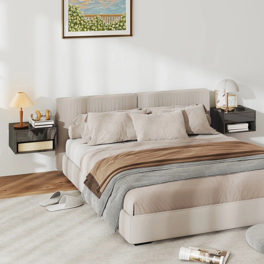 Comodino Flottante con Cassetto ¨C Minimal ¨C Nero Lucido 37x32x21 cm