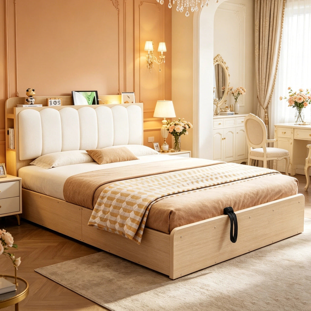 DESMIU Letto contenitore 140 × 200 cm 2 posti con USB, luce e vani, senza materasso, legno naturale