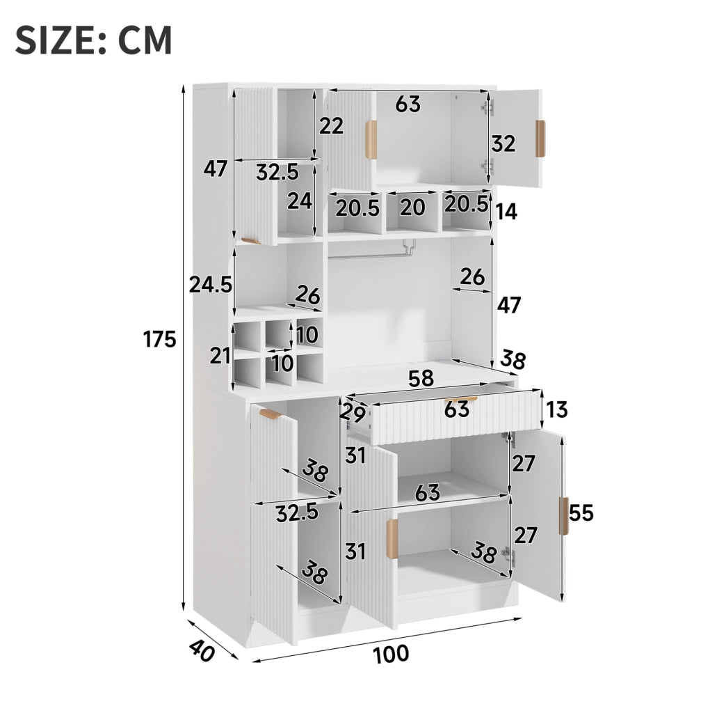 Credenza alta da cucina con ripiani regolabili e porta bottiglie 100x40x175 cm; bianco