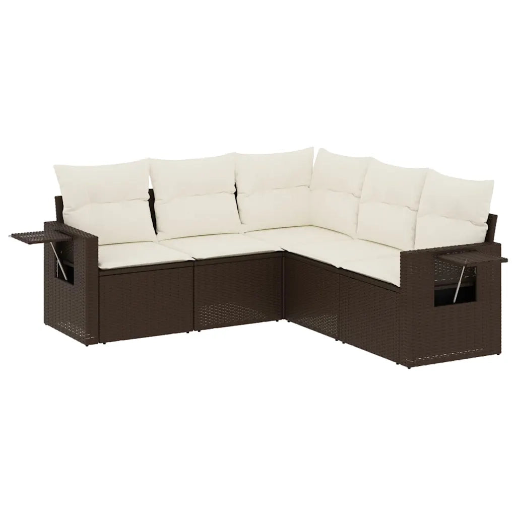 Set Divano da Giardino 5 pz con Cuscini Marrone in Polyrattan