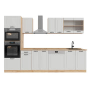 Cucina componibile R-Line Bianco rustico/Rovere dorato 300 cm con armadio alto, PL Rovere Vicco