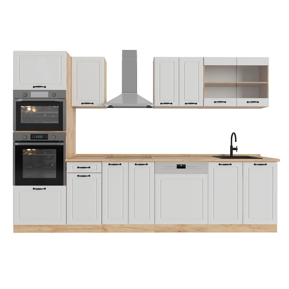 Cucina componibile R-Line Bianco rustico/Rovere dorato 300 cm con armadio alto, PL Rovere Vicco
