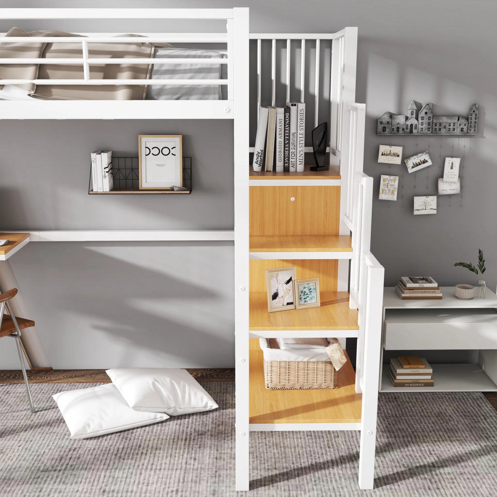 OKWISH Letto a Soppalco 90×200 cm, Letto Singolo con Scala Laterale, Scrivania e Armadio, senza Materasso, in Metallo e MDF, Bianco Naturale