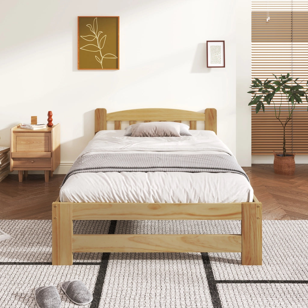 Letto singolo in legno massello - Zephmum - 90x200 cm - Natur - Con testiera e rete a doghe