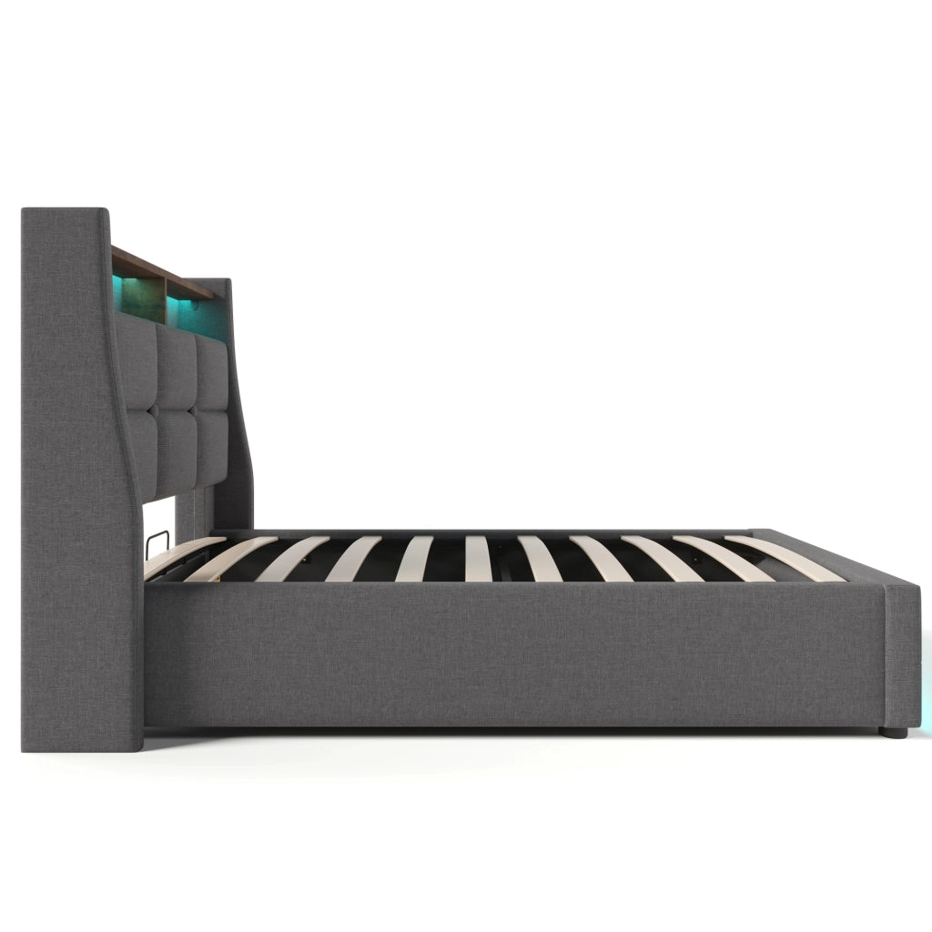 OKWISH Letto Singolo 90×200 cm con Contenitore, USB, LED Regolabile e Mensola, senza Materasso, in Lino, Grigio
