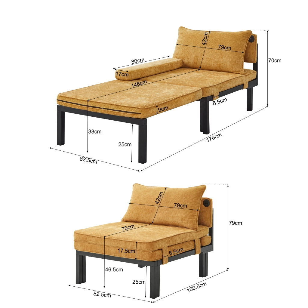 Letto pieghevole singolo trasformabile da poltrona con USB e Type-C; senza materasso; velluto; giallo