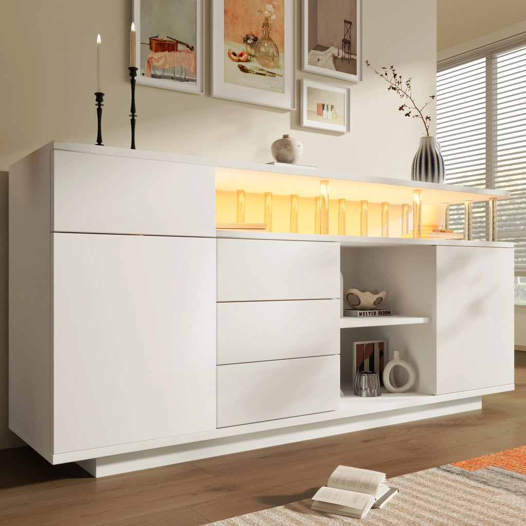 Sideboard bianco 160x40x75 cm con LED; ante e cassetti in MDF e acrilico