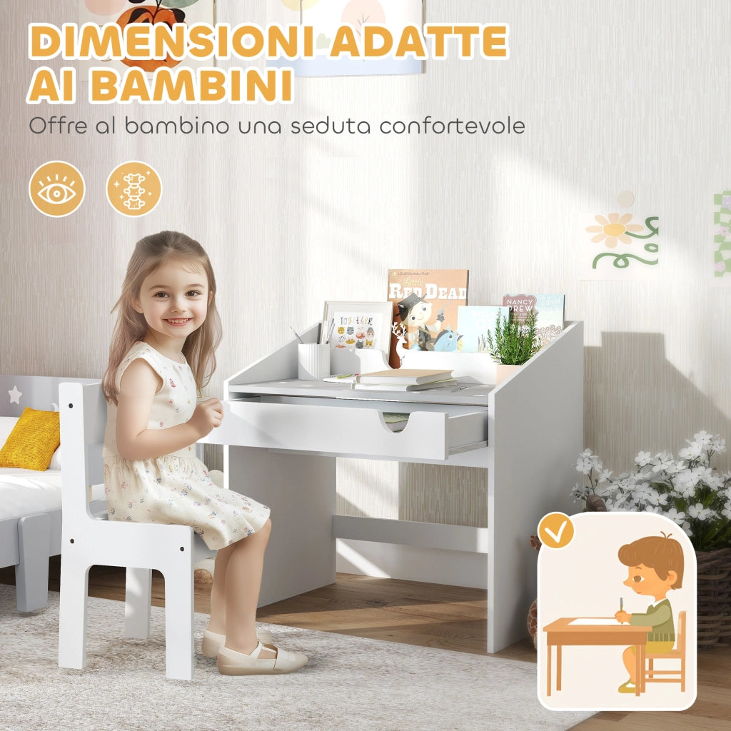 Set Sedia e Tavolino Bambini ¨C Xylo ¨C Legno Grigio con Cassetto Organizzatore 3-6 Anni