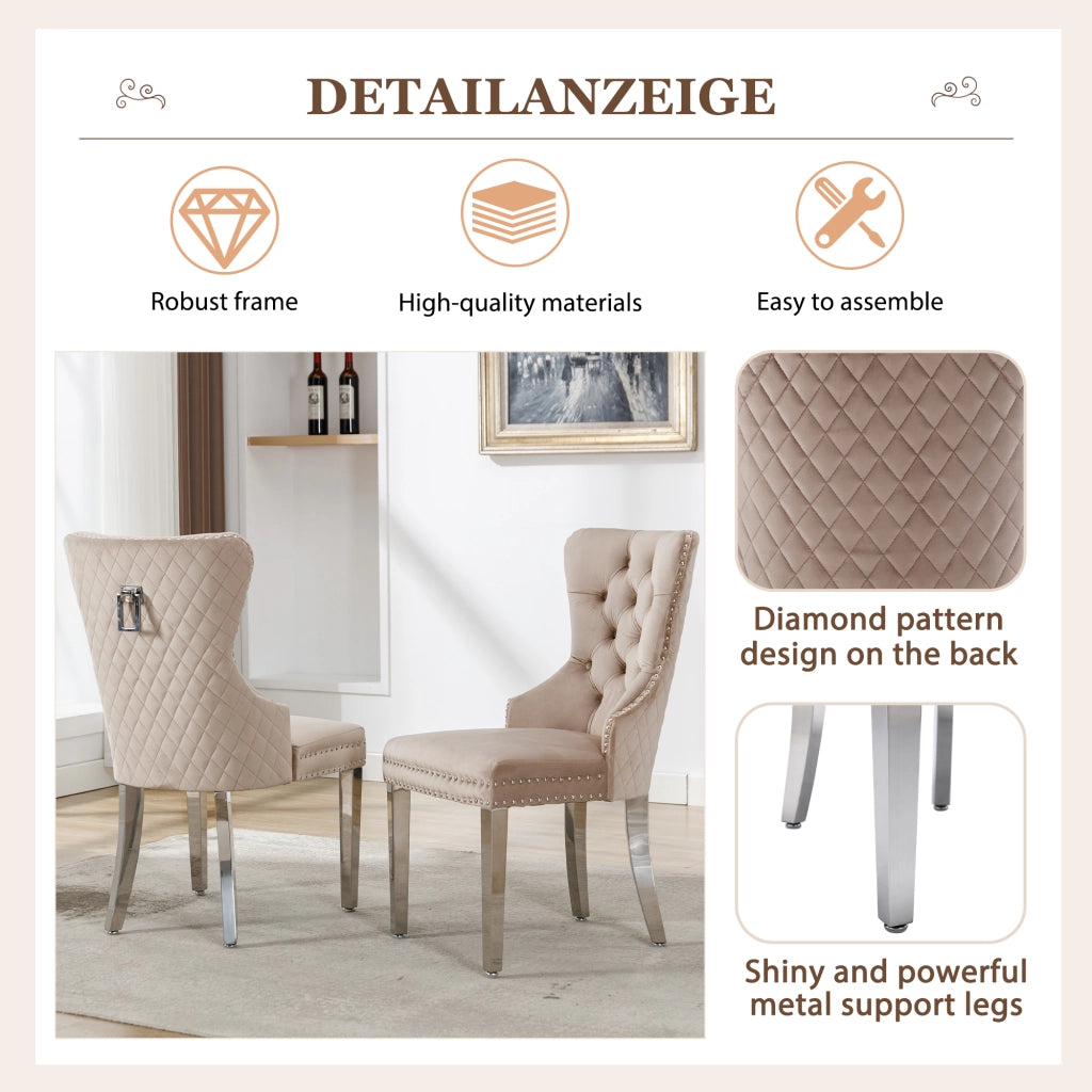 Sedia da pranzo in velluto con schienale decorativo, struttura in legno massello e gambe in metallo beige