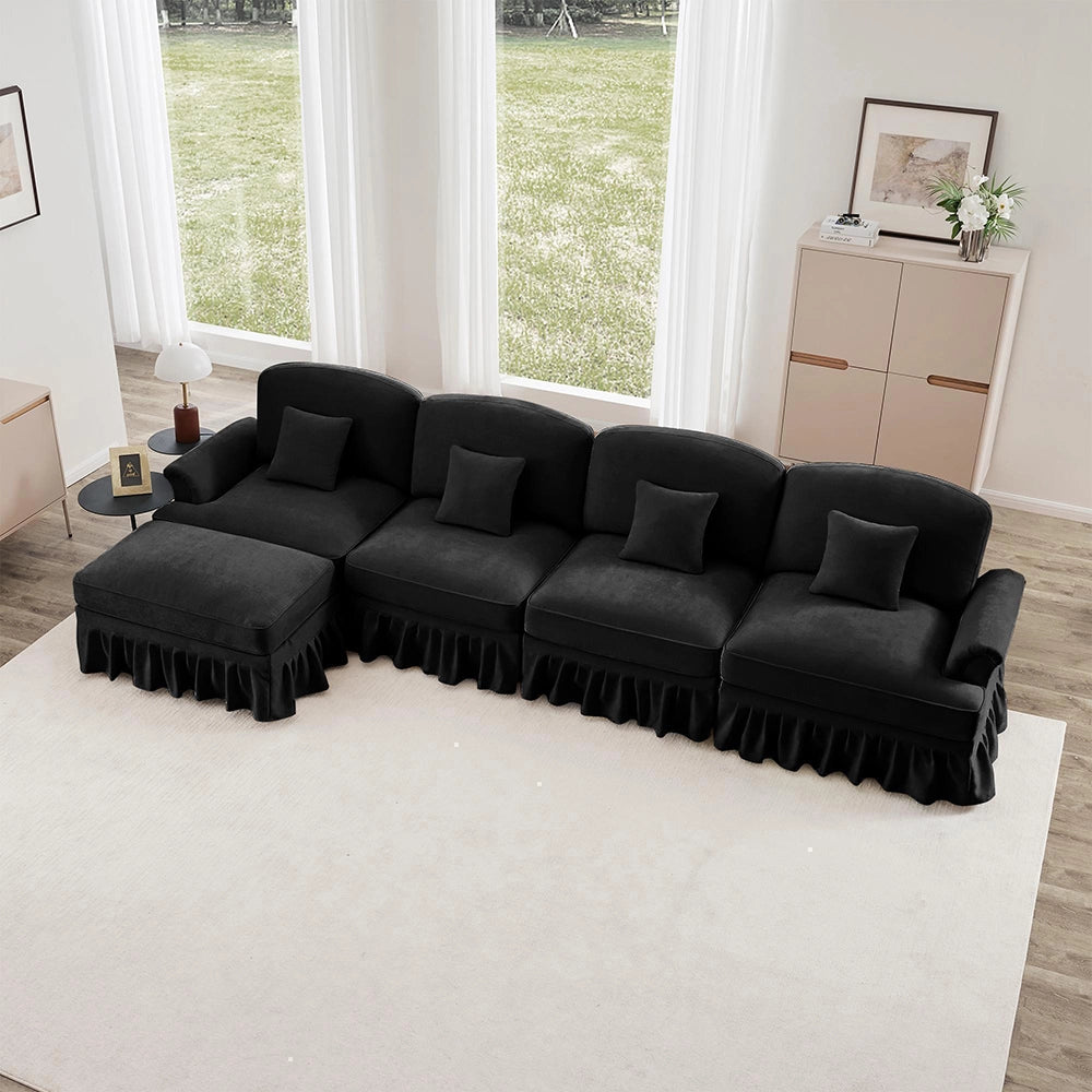 Divano modulare a L - Xylo - 4 posti, chenille, stile classico, nero
