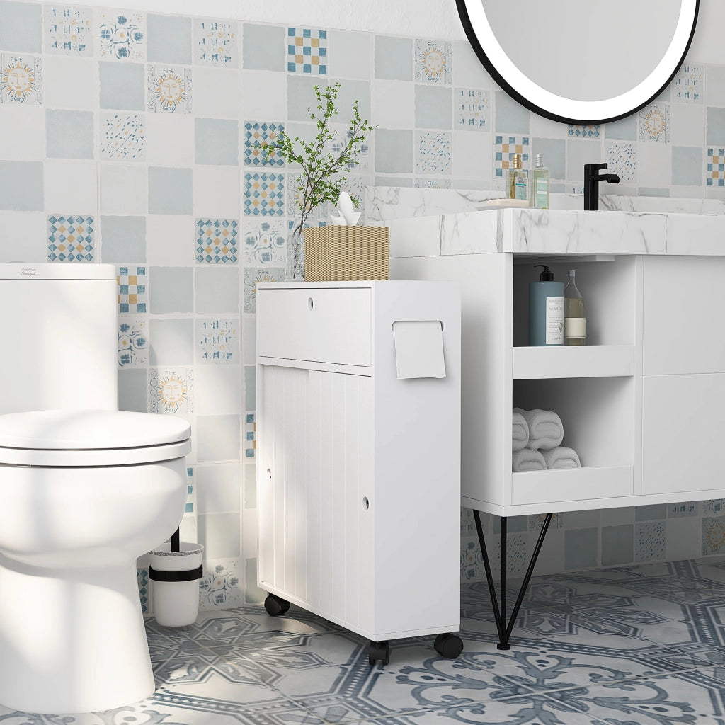 Mobiletto Bagno con Ruote e Ripiani Regolabili ¨C zephmum ¨C Bianco 52x17x67 cm