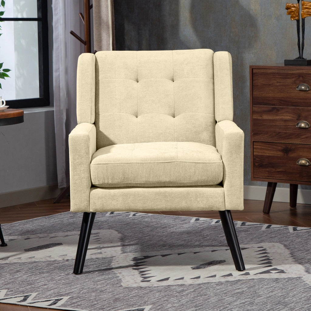 Poltrona imbottita con trapuntatura e seduta ergonomica salvaspazio per soggiorno camera o studio in lino beige
