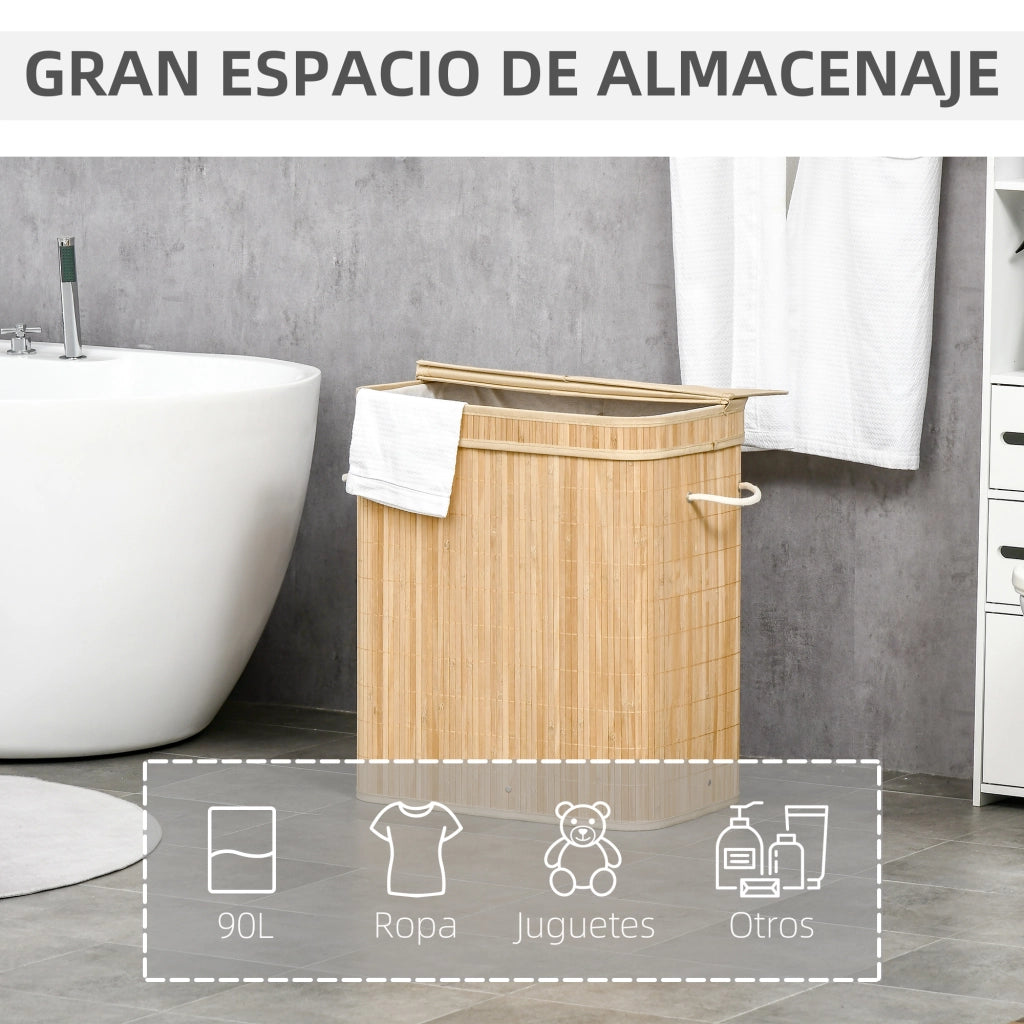 Cestino Portabiancheria in Bamb¨´ con 2 Scomparti e Manico ¨C Minimal ¨C 54x35x59 cm