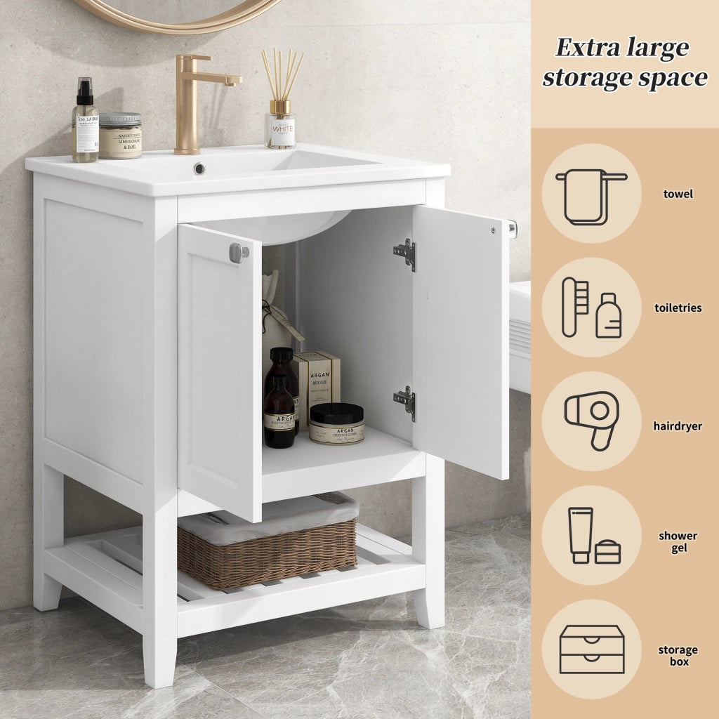 Mobile da bagno con lavabo in ceramica; 1 anta; per bagno; bianco; 60 cm