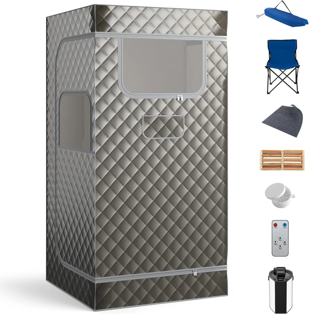 Sauna a Vapore Portatile 3L, Sauna da Casa con 9 Livelli di Regolazione della Temperatura da 35-63℃, Telecomando, Sedia Pieghevole e Massaggiatore per Piedi in Legno (Grigio)