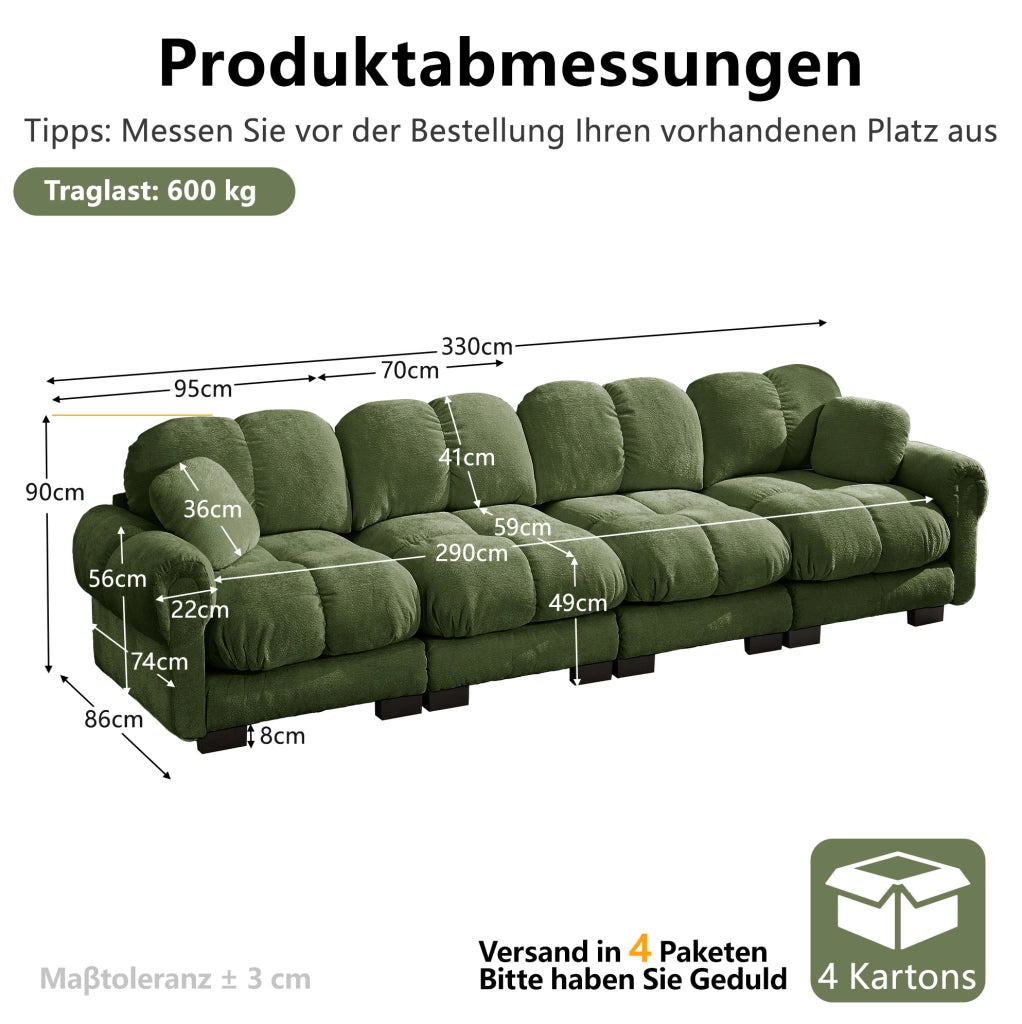Divano modulare in chenille verde con braccioli curvi e cuscini trapuntati 330x86x90 cm