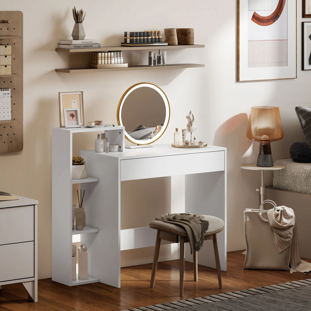 Scrivania Moderna 100x40x90 cm con Ripiani e Cassetto in Legno Bianco