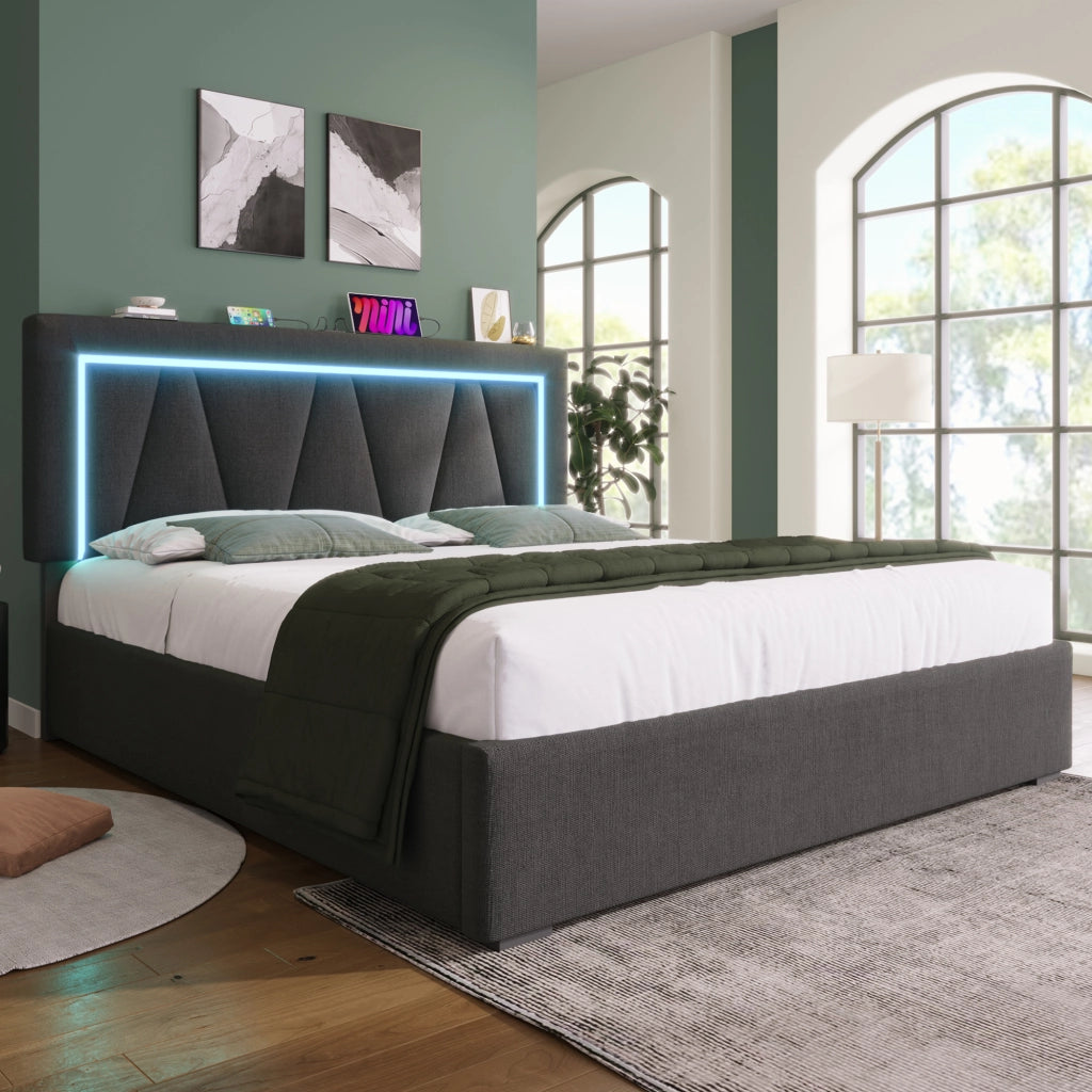 Letto contenitore matrimoniale 140×200 cm con testiera regolabile; USB; Type-C; LED; materasso incluso; grigio