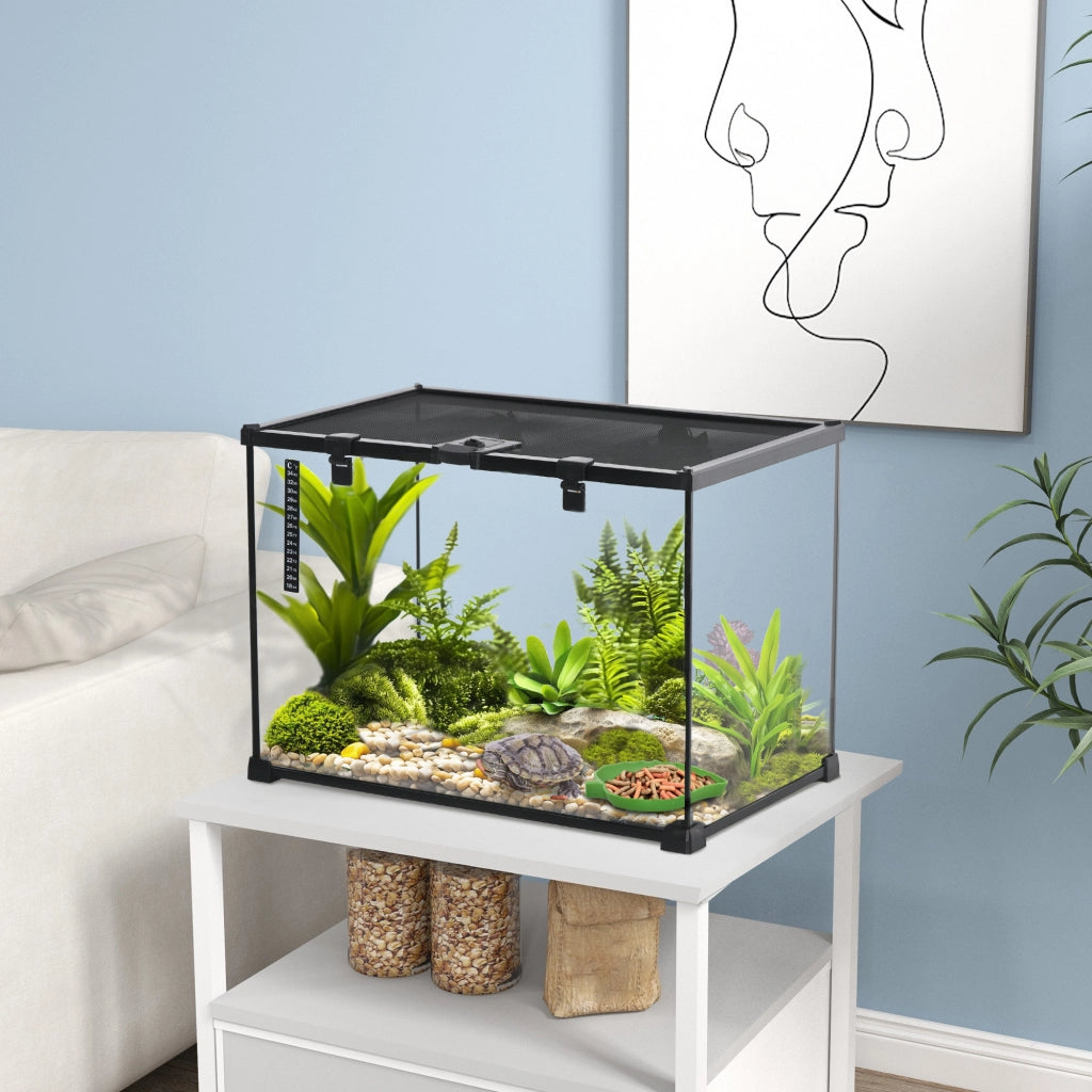 Terrario per Rettili Rialzato ¨C Xylo ¨C Vetro e Rete Metallica con Serratura e Termometro, 50x30x35 cm, Nero