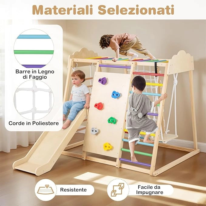 8 in 1 Set da Arrampicata per Bambini, Palestra in Legno da Interno con Sbarre Scivolo Altalena Scala in Corda e Roccia/Rete da Arrampicata, per Bambini 3 Anni+ (Colorato)