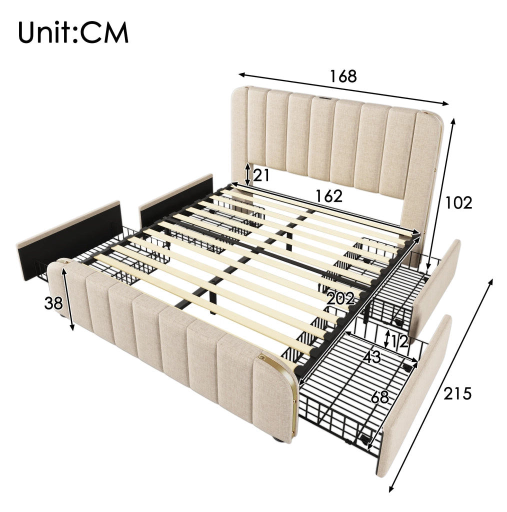 Letto matrimoniale imbottito con materasso, 4 cassetti e USB Type-C