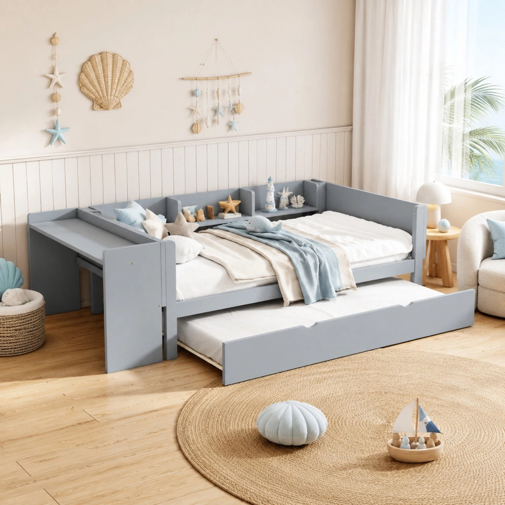 LETTO 90x200 cm con letto estraibile, scrivania e 3 ripiani laterali Grigio