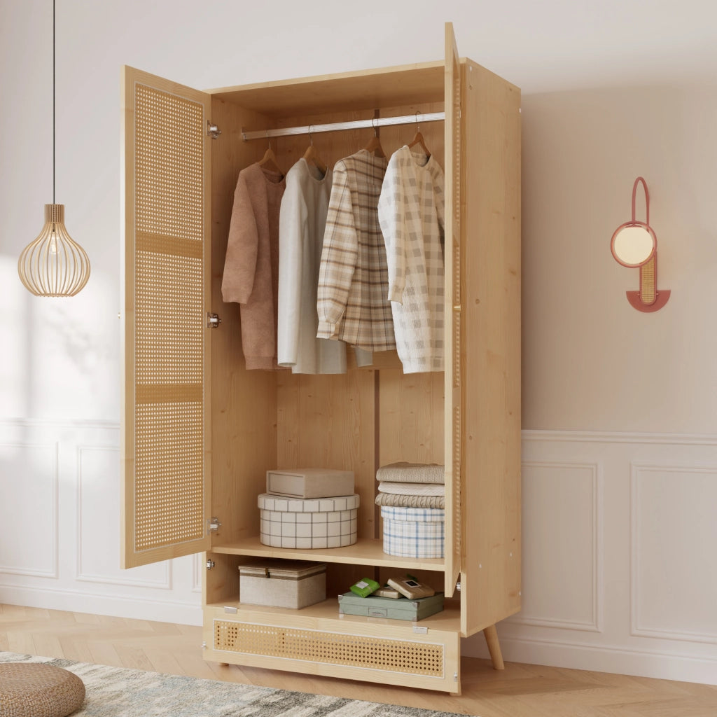 Armadio Camera da Letto 90×45×183 cm con Porte in Rattan; Barra Porta Abiti e Spazio Salvaspazio Inferiore