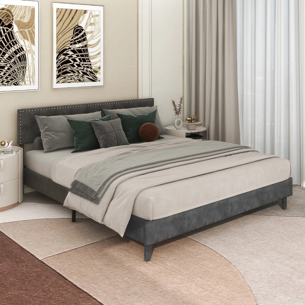Letto a piattaforma imbottito con testiera bottoni doghe in legno, Struttura letto moderno Grigio 207,5x200x105,5/114cm-Letti e strutture