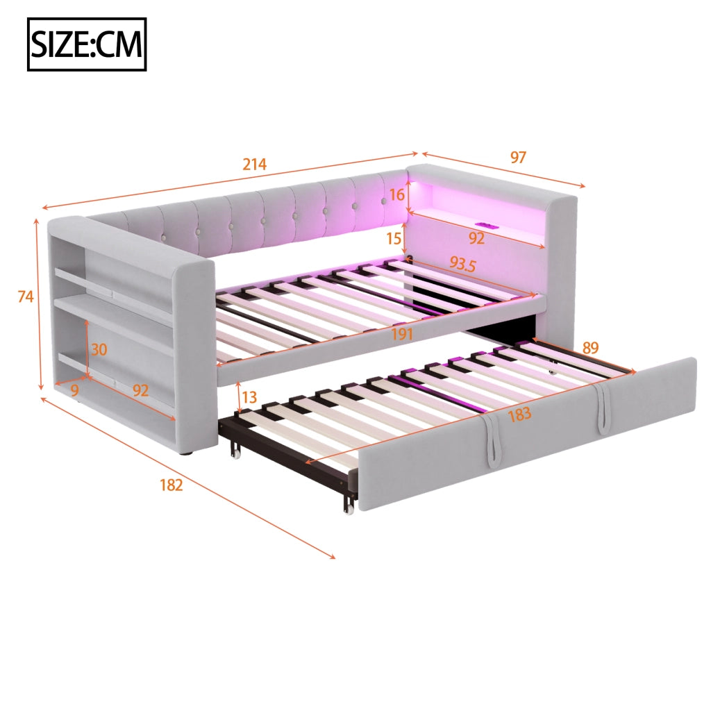 DESMIU Letto singolo 90 × 190 cm e 180 × 190 cm con LED, prese, contenitore, senza materasso, in flanella, grigio chiaro
