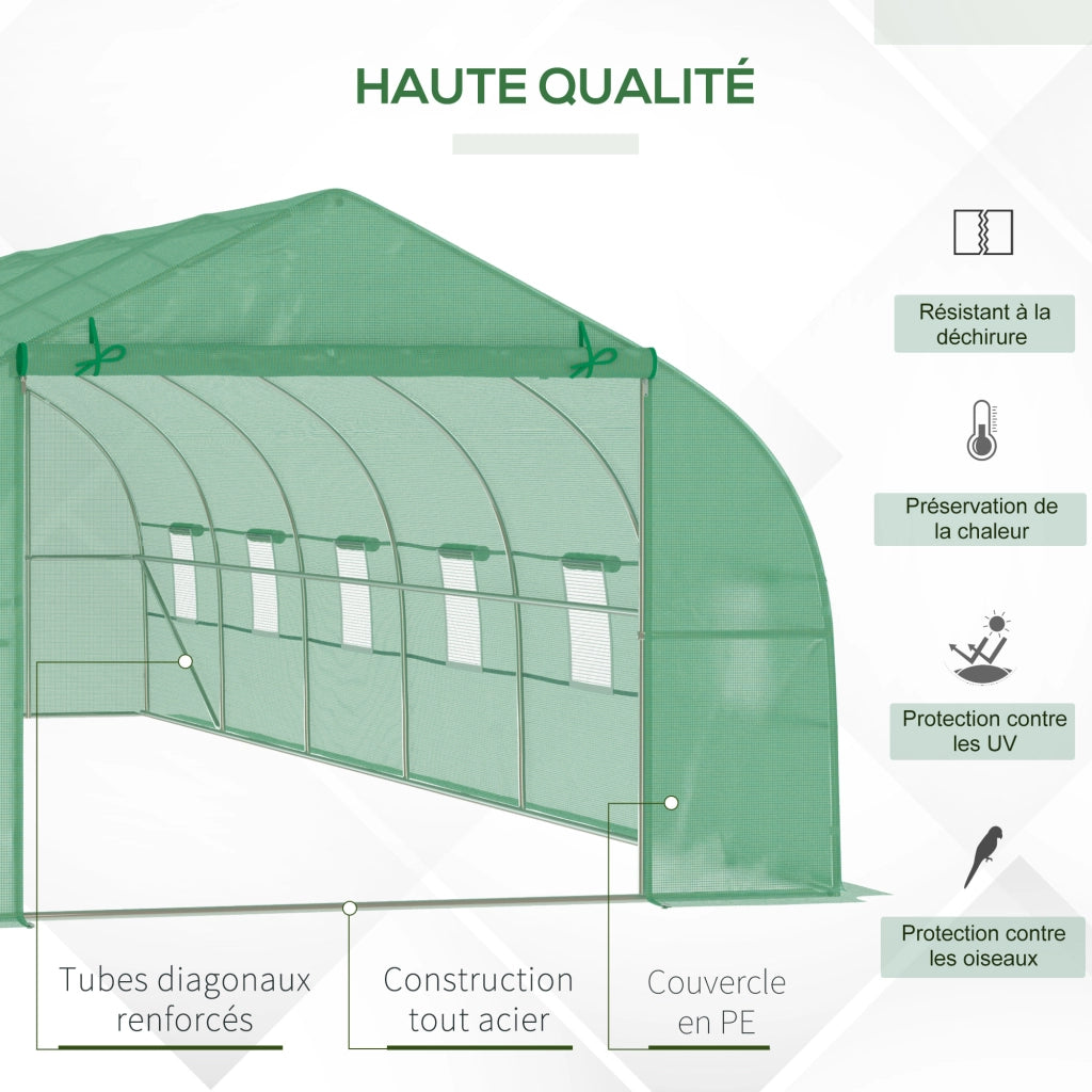 Serra tunnel da giardino ¨C Xylo ¨C 8x3x2m, telaio acciaio, 12 finestre, verde