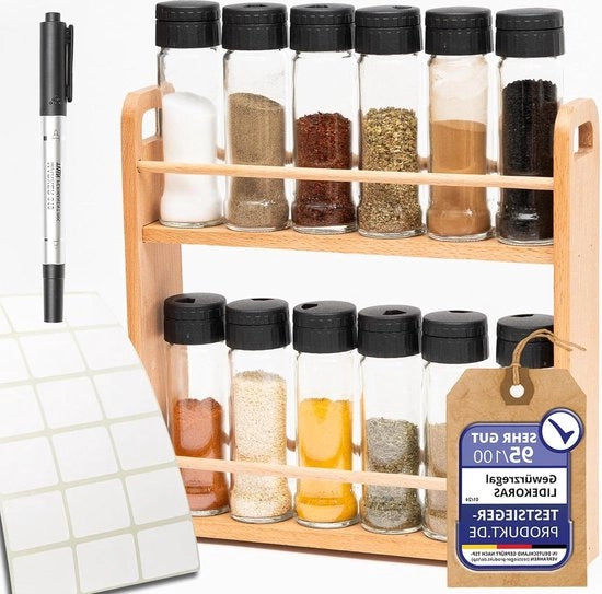 Kruidenrek in legno di betulla e vetro - 12 contenitori di erbe - 2 livelli - facile pulizia - 105 ml per contenitore - adatto per alimenti