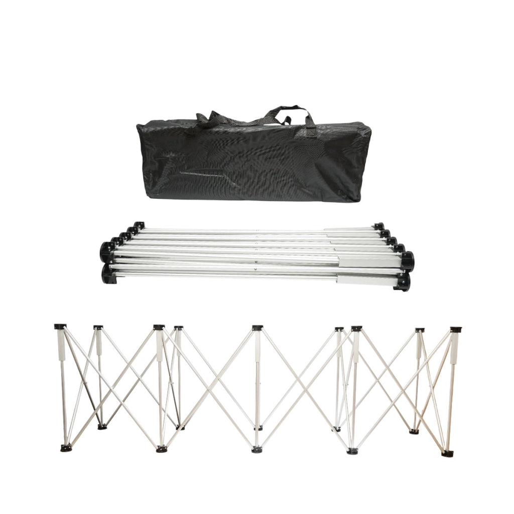 Tavolo da lavoro pieghevole a fisarmonica con 10 gambe, struttura in alluminio 226x61x72cm