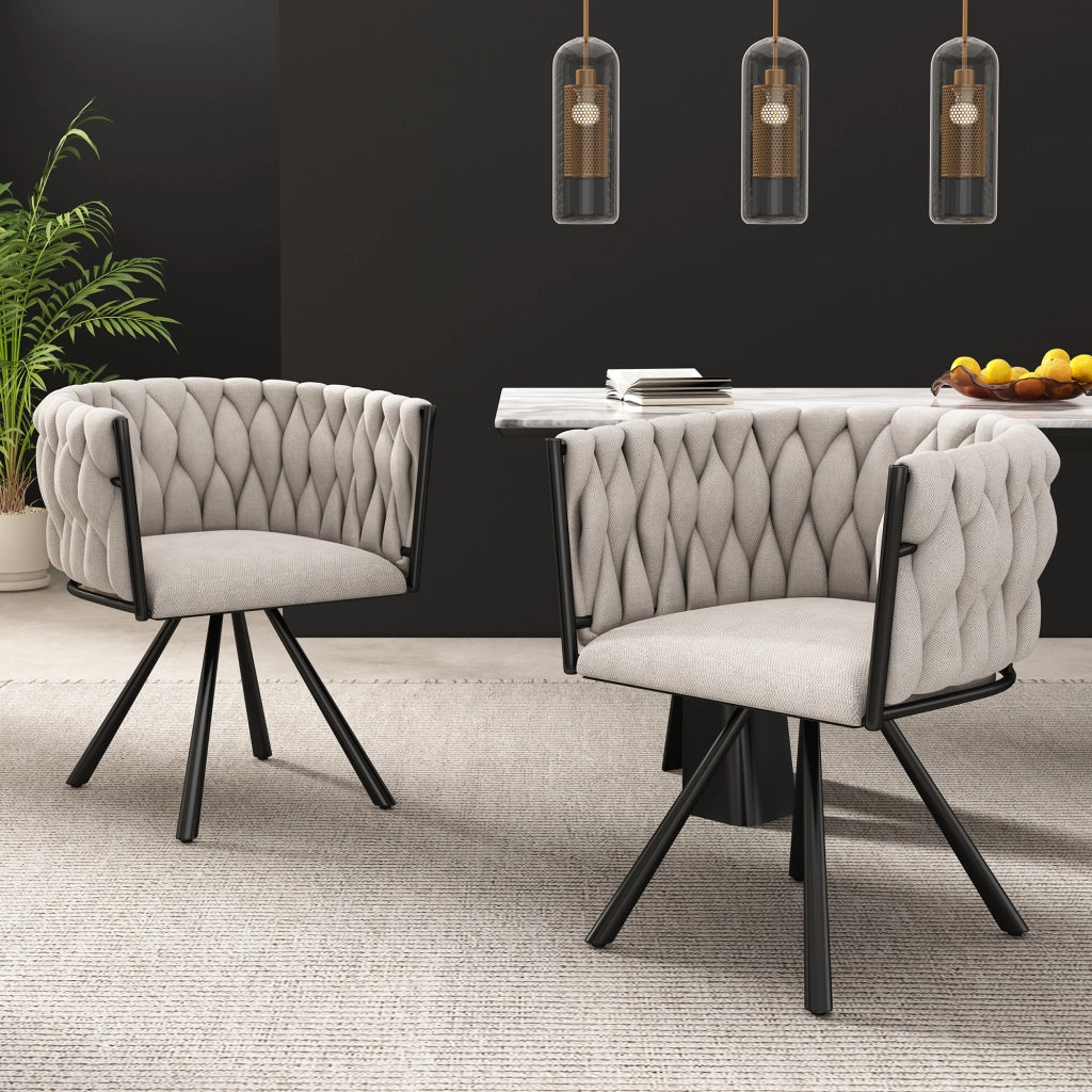 Sedia da sala da pranzo girevole 360 gradi 2 pezzi con schienale ergonomico e gambe in acciaio in lino nero