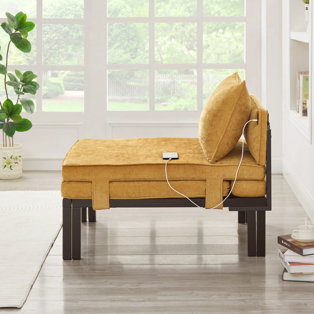 Letto pieghevole singolo trasformabile da poltrona con USB e Type-C; senza materasso; velluto; giallo