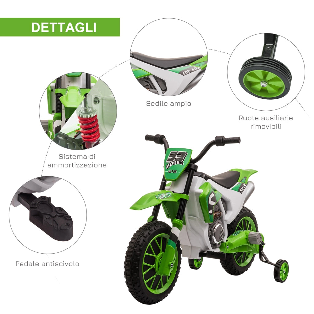Moto Cross Bambini Elettrica Verde con Rotelle ¨C zephmum ¨C PP e Metallo 106.5x51.5x68 cm