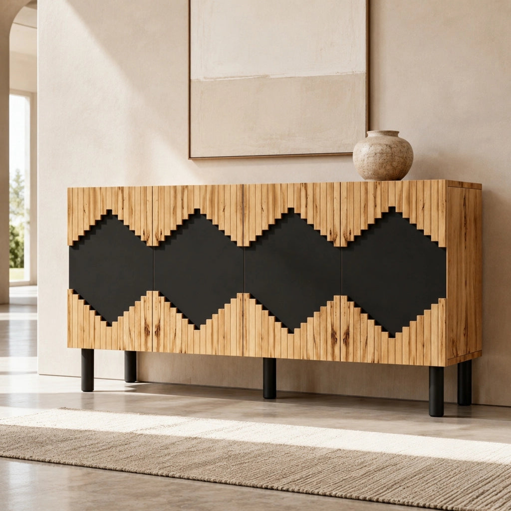 Credenza con 4 vani chiusi e apertura push; per soggiorno o sala da pranzo; naturale e nero; 140 × 40 × 70 cm