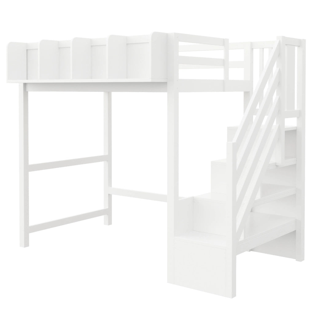 Letto a soppalco 90x200 cm con LED, scaffali laterali e scala contenitiva