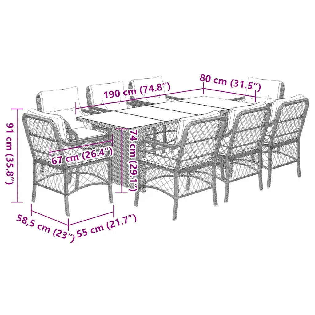 Set da Pranzo da Giardino 9 pz con Cuscini Nero in Polyrattan