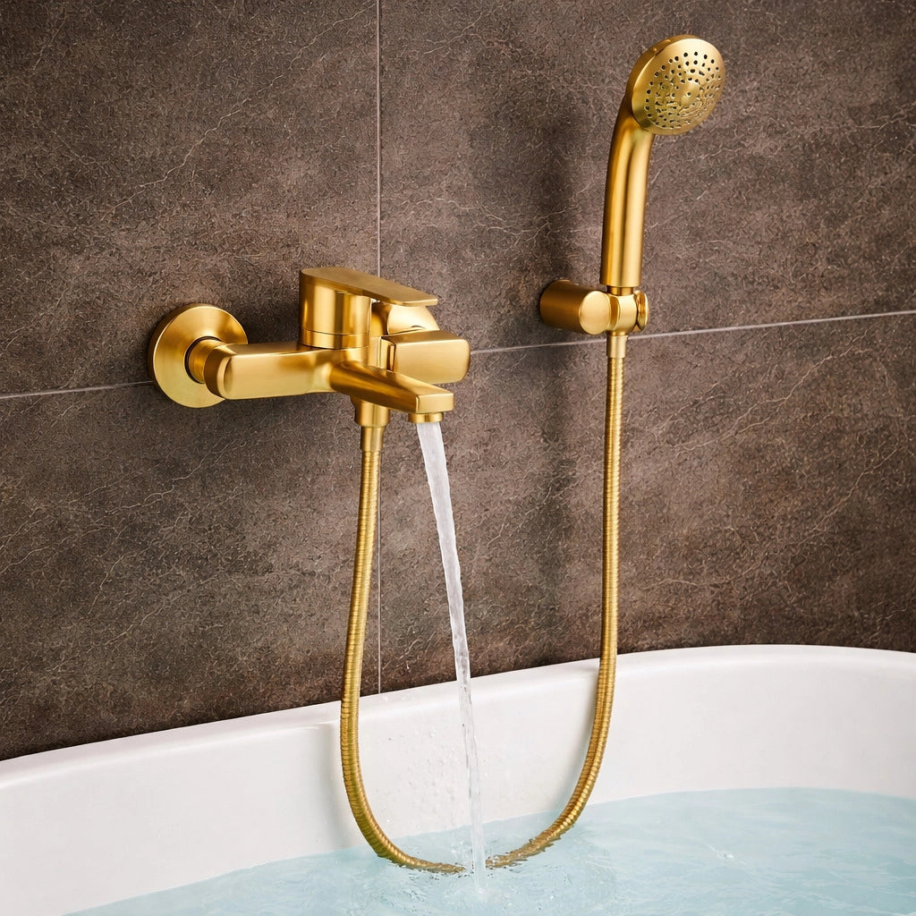 Rubinetto Miscelatore Vasca Bagno Oro Lucido da Parete + Deviatore Doccia  94019
